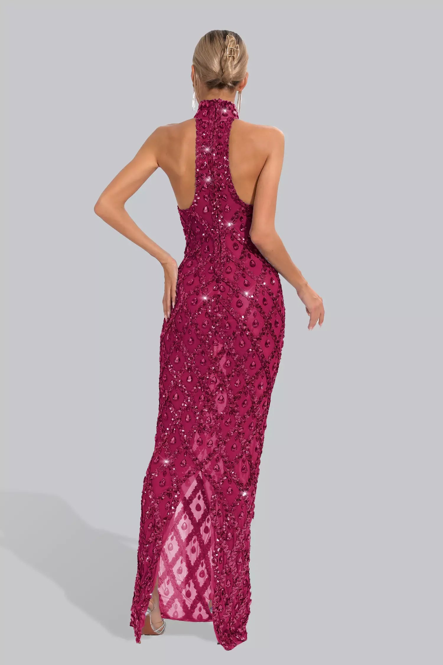 Rose Red High Collar Sleeveless Embellished Diamond Slit Party Maxi Dress | Mix Mix Style