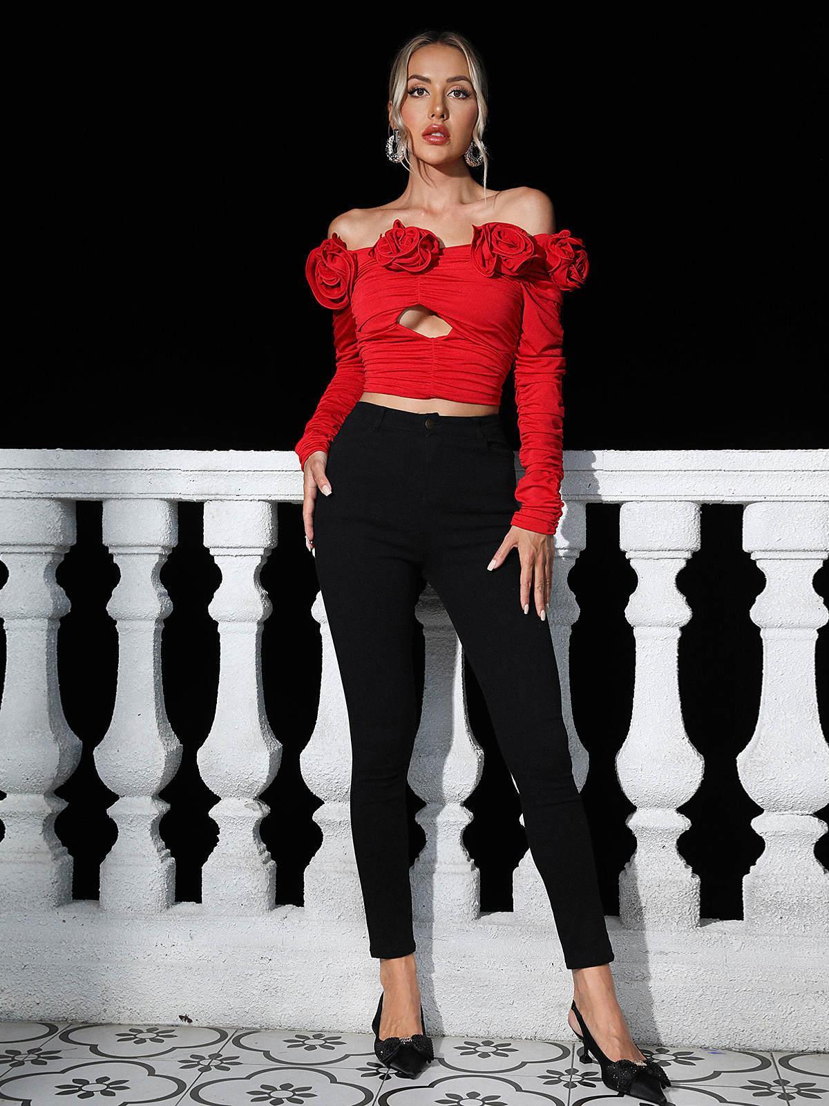 Luca Flower Cutout Top In Red-Mix MIx Style