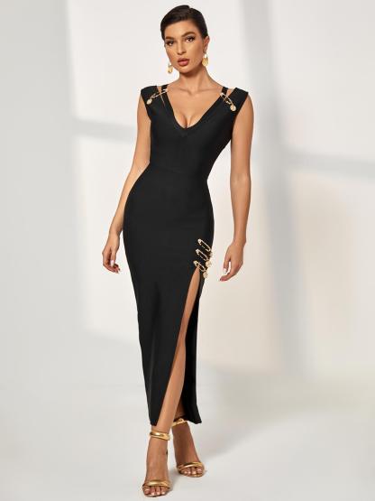 Black Split V Neck Embellished Maxi Dress | Mix Mix Style [Hot Seller]-Mix MIx Style