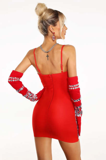 Red Strappy Backless Embellished Diamante Bandage Summer Coktail Mini Dress | Mix Mix Style