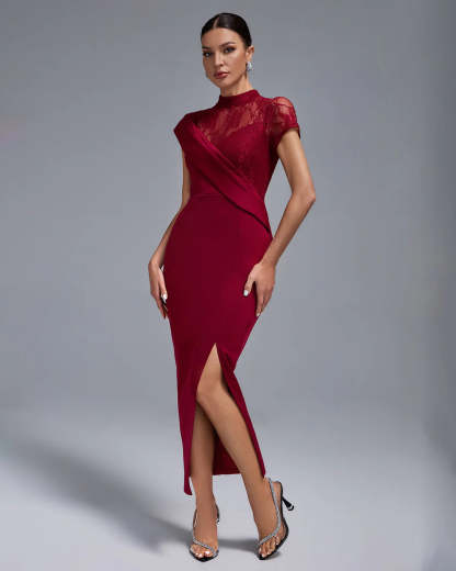 red wine stand collar short sleeve irregular side slit Lace graduation party maxi Dress | Mix Mix Style