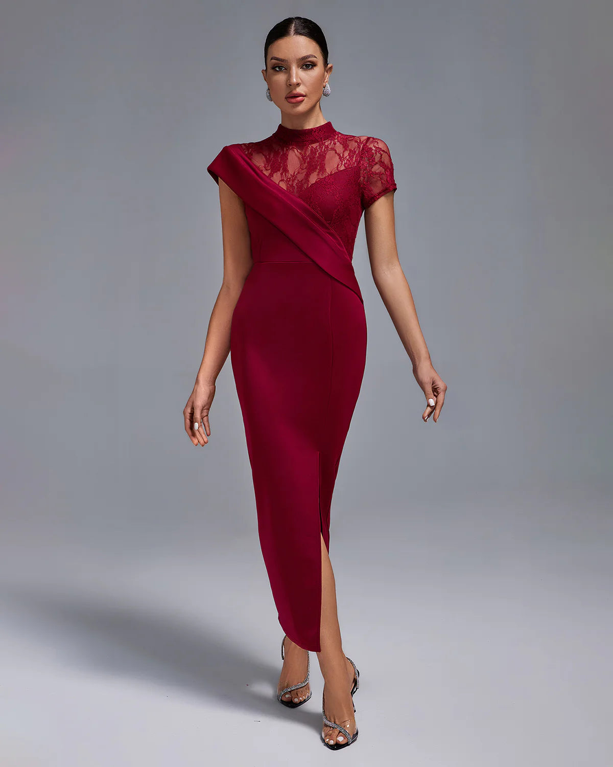 red wine stand collar short sleeve irregular side slit Lace graduation party maxi Dress | Mix Mix Style