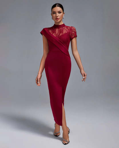 red wine stand collar short sleeve irregular side slit Lace graduation party maxi Dress | Mix Mix Style
