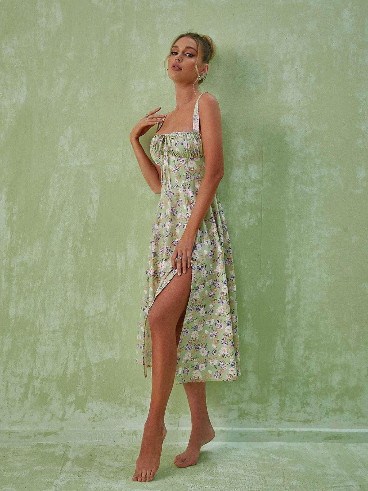 Maire Floral Split Midi Dress In Green-Mix MIx Style