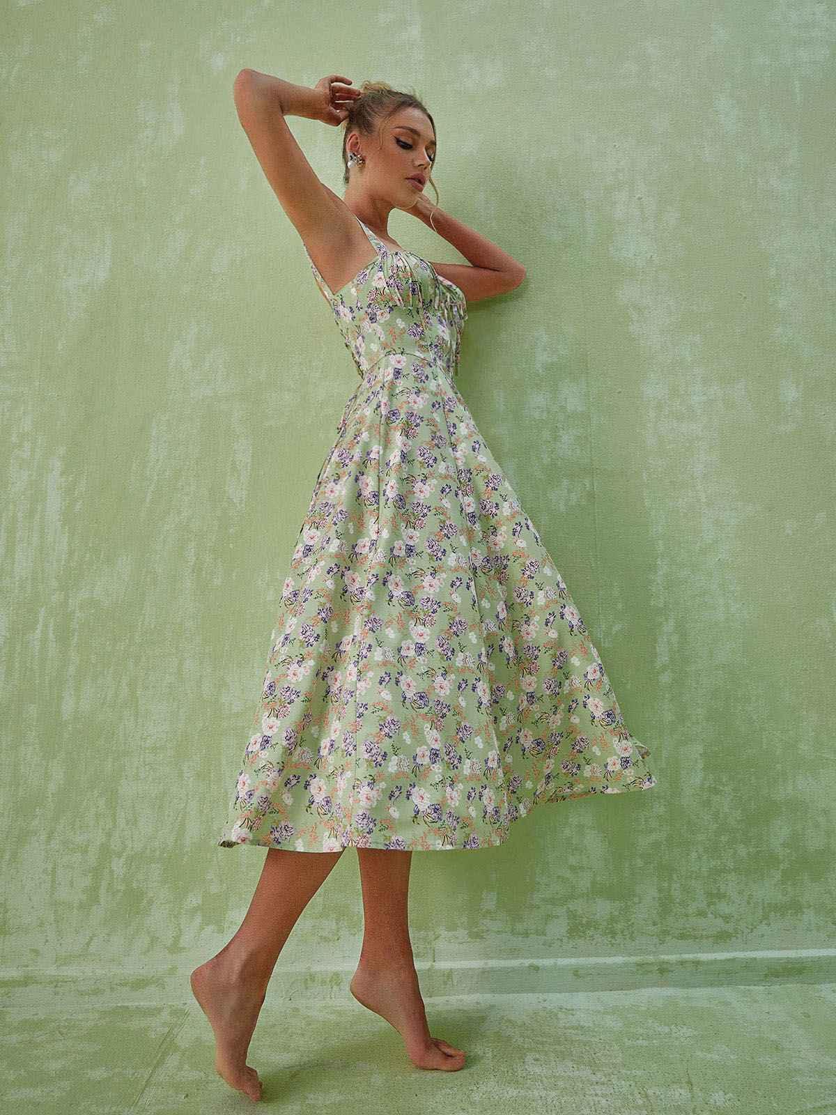 Maire Floral Split Midi Dress In Green-Mix MIx Style