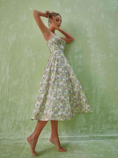 Maire Floral Split Midi Dress In Green-Mix MIx Style