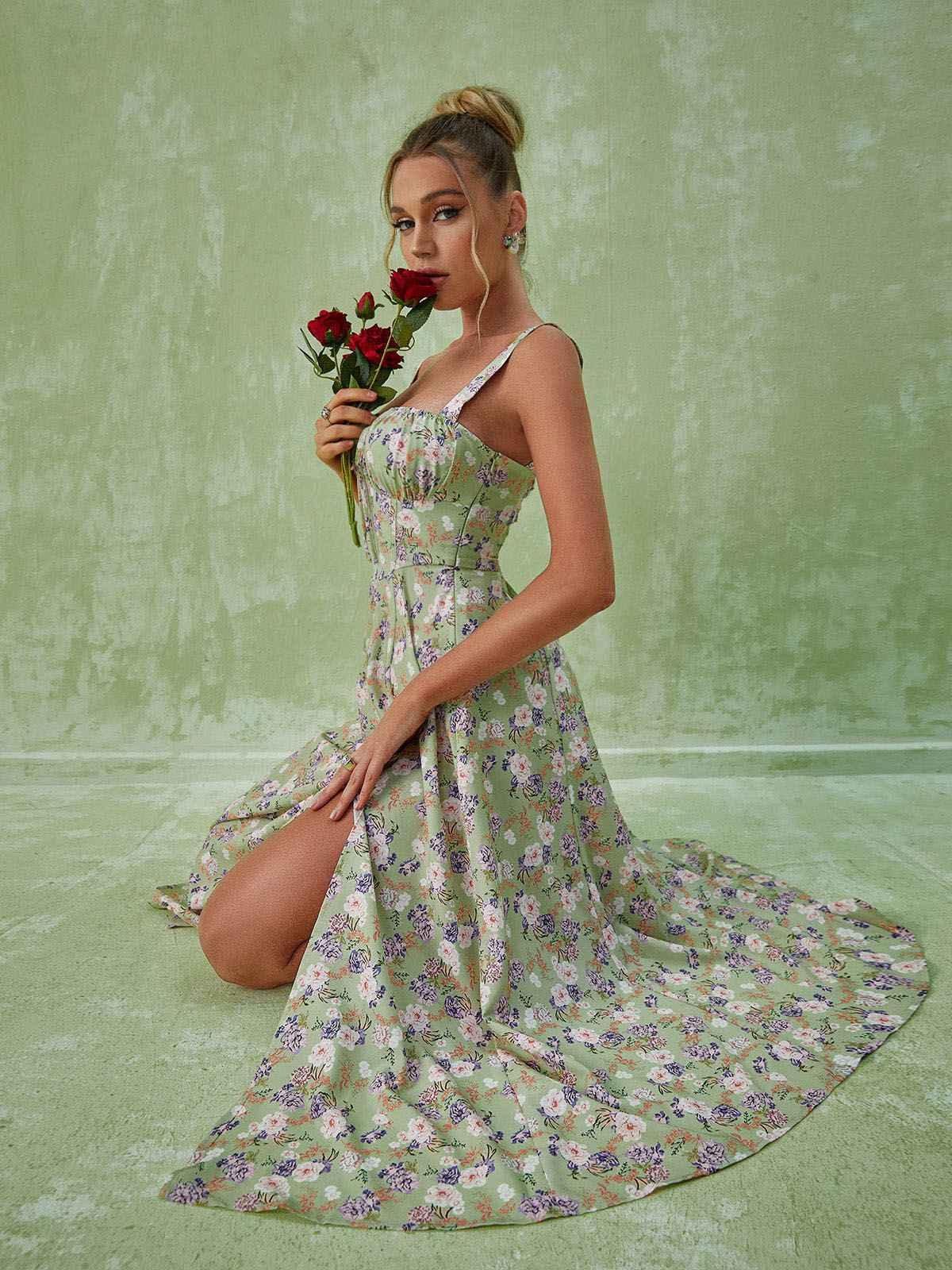 Maire Floral Split Midi Dress In Green-Mix MIx Style