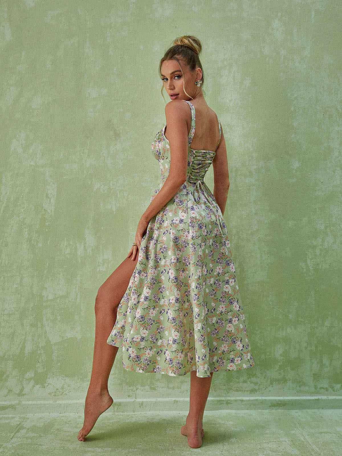 Maire Floral Split Midi Dress In Green-Mix MIx Style