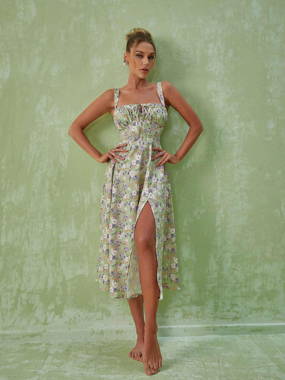 Maire Floral Split Midi Dress In Green-Mix MIx Style