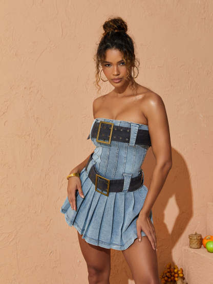 Blue Strapless Belted Mini  | Mix Mix Style [Hot Seller]-Mix MIx Style