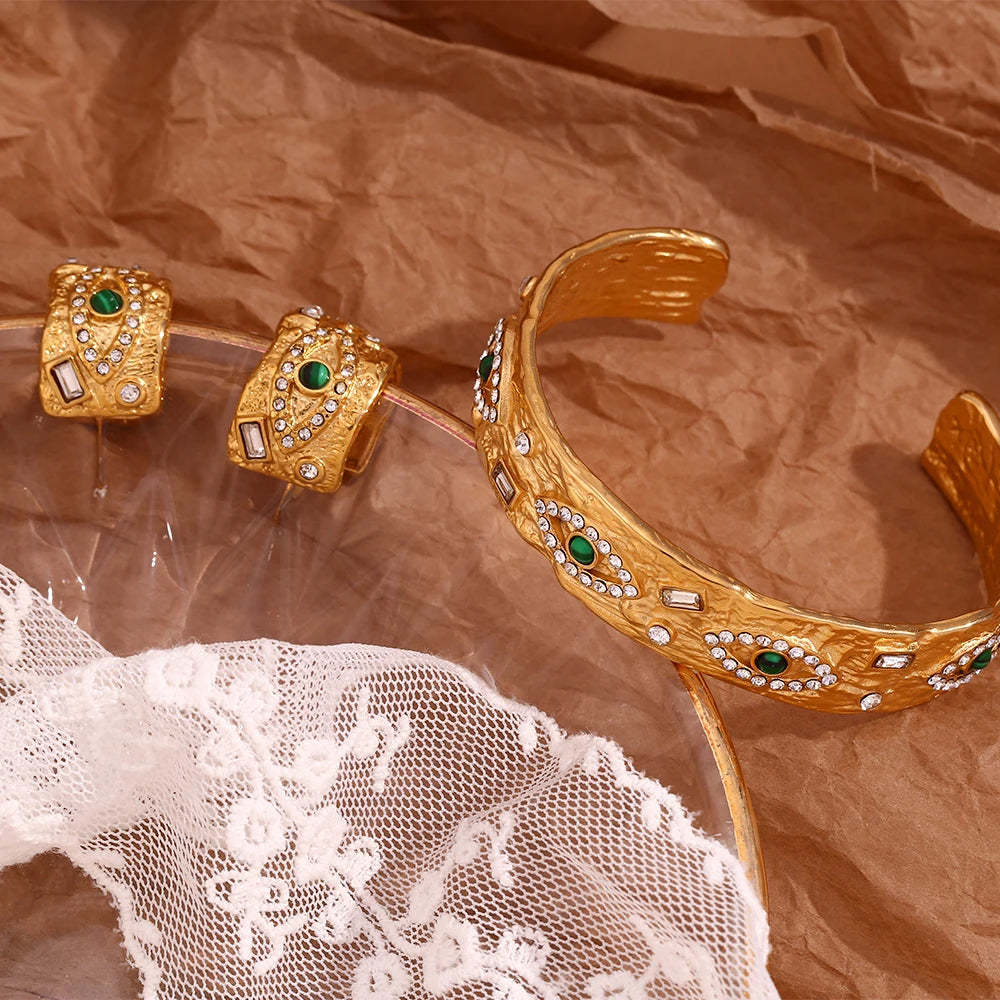 Malachite Eye Beat Pattern Water Diamond Open Bracelet 18K Gold Plated Ring vintage Set | Mix Mix Style [Hot Seller]-Mix MIx Style