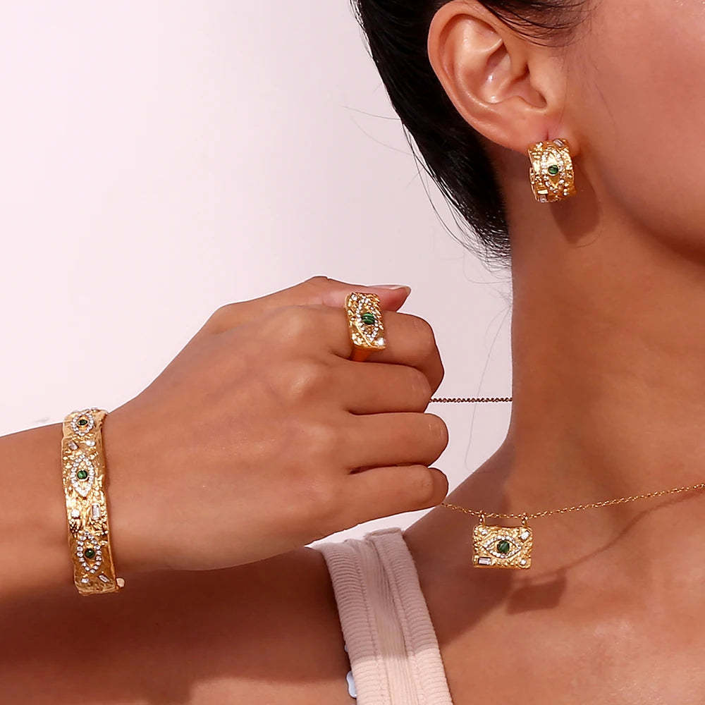 Malachite Eye Beat Pattern Water Diamond Open Bracelet 18K Gold Plated Ring vintage Set | Mix Mix Style [Hot Seller]-Mix MIx Style