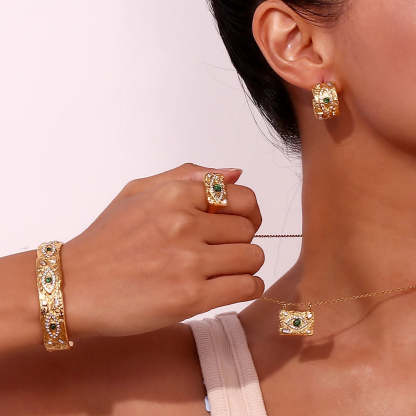 Malachite Eye Beat Pattern Water Diamond Open Bracelet 18K Gold Plated Ring vintage Set | Mix Mix Style [Hot Seller]-Mix MIx Style