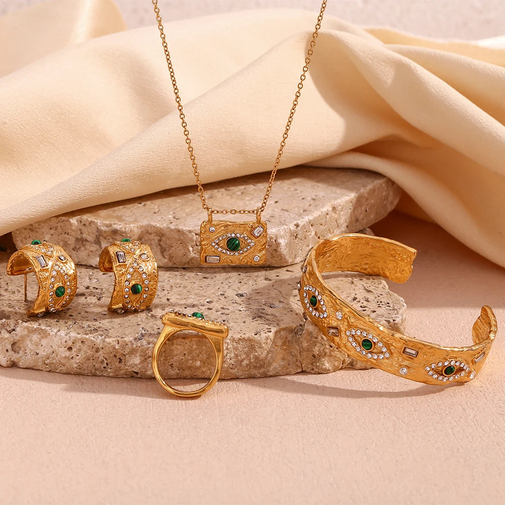 Malachite Eye Beat Pattern Water Diamond Open Bracelet 18K Gold Plated Ring vintage Set | Mix Mix Style [Hot Seller]-Mix MIx Style