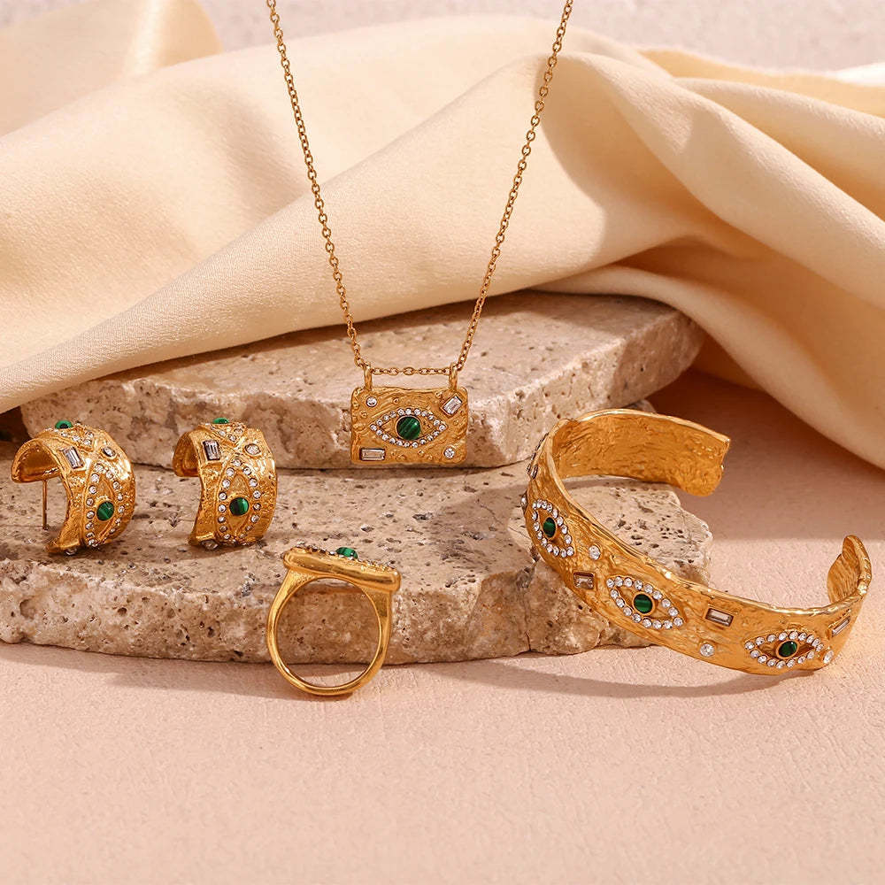 Malachite Eye Beat Pattern Water Diamond Open Bracelet 18K Gold Plated Ring vintage Set | Mix Mix Style [Hot Seller]-Mix MIx Style