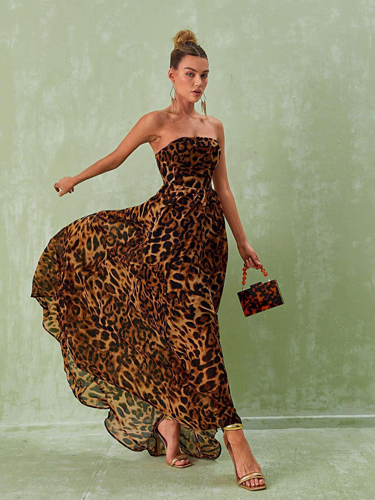 Strapless Split Leopard Printed Maxi Dress | Mix Mix Style [Hot Seller]-Mix MIx Style