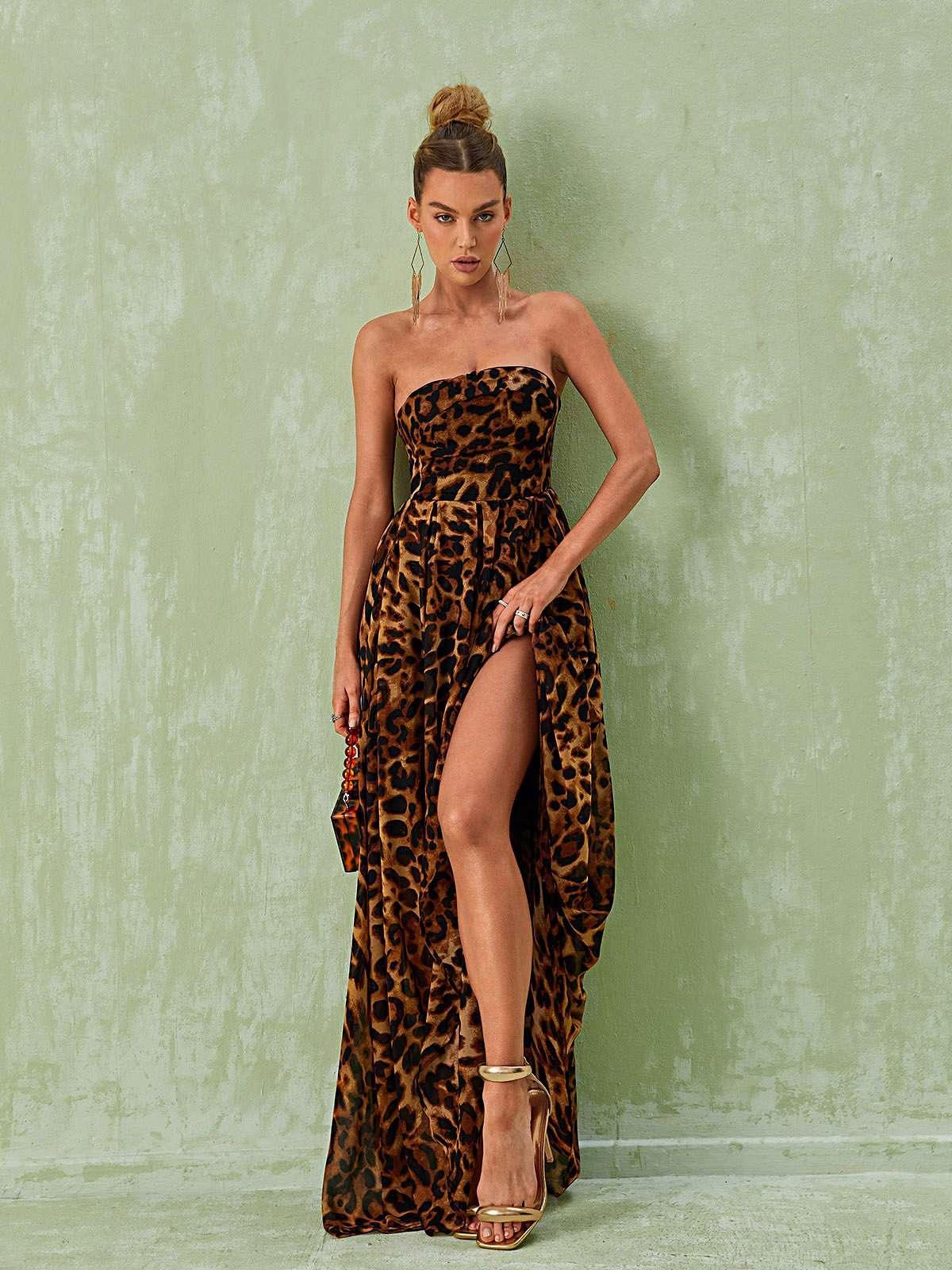 Strapless Split Leopard Printed Maxi Dress | Mix Mix Style [Hot Seller]-Mix MIx Style