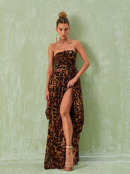 Strapless Split Leopard Printed Maxi Dress | Mix Mix Style [Hot Seller]-Mix MIx Style