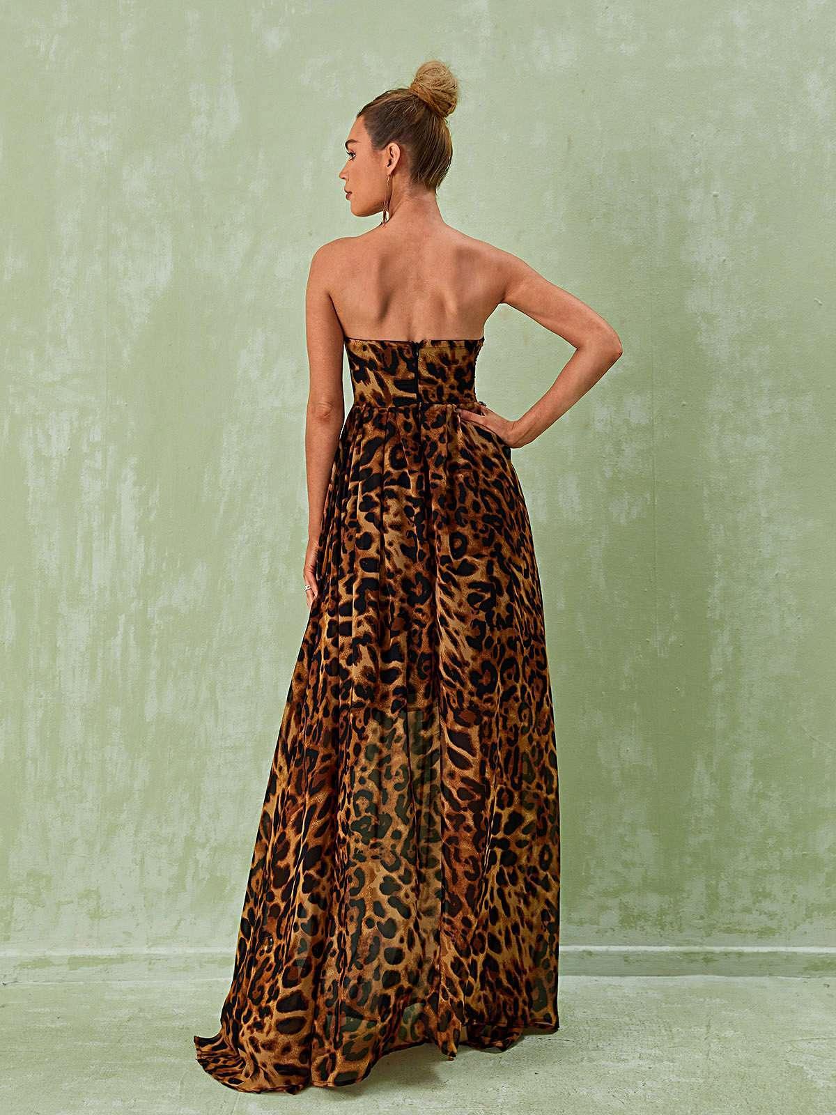 Strapless Split Leopard Printed Maxi Dress | Mix Mix Style [Hot Seller]-Mix MIx Style