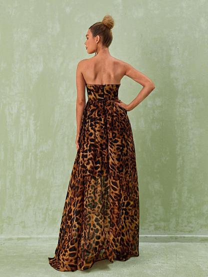 Strapless Split Leopard Printed Maxi Dress | Mix Mix Style [Hot Seller]-Mix MIx Style