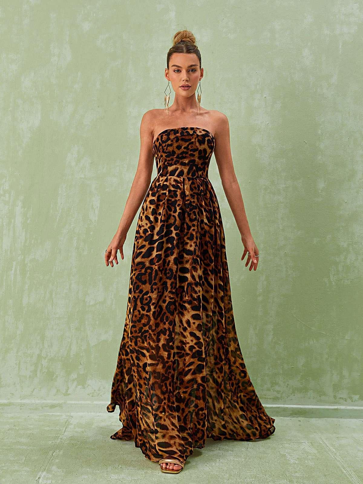 Strapless Split Leopard Printed Maxi Dress | Mix Mix Style [Hot Seller]-Mix MIx Style