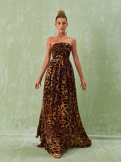 Strapless Split Leopard Printed Maxi Dress | Mix Mix Style [Hot Seller]-Mix MIx Style