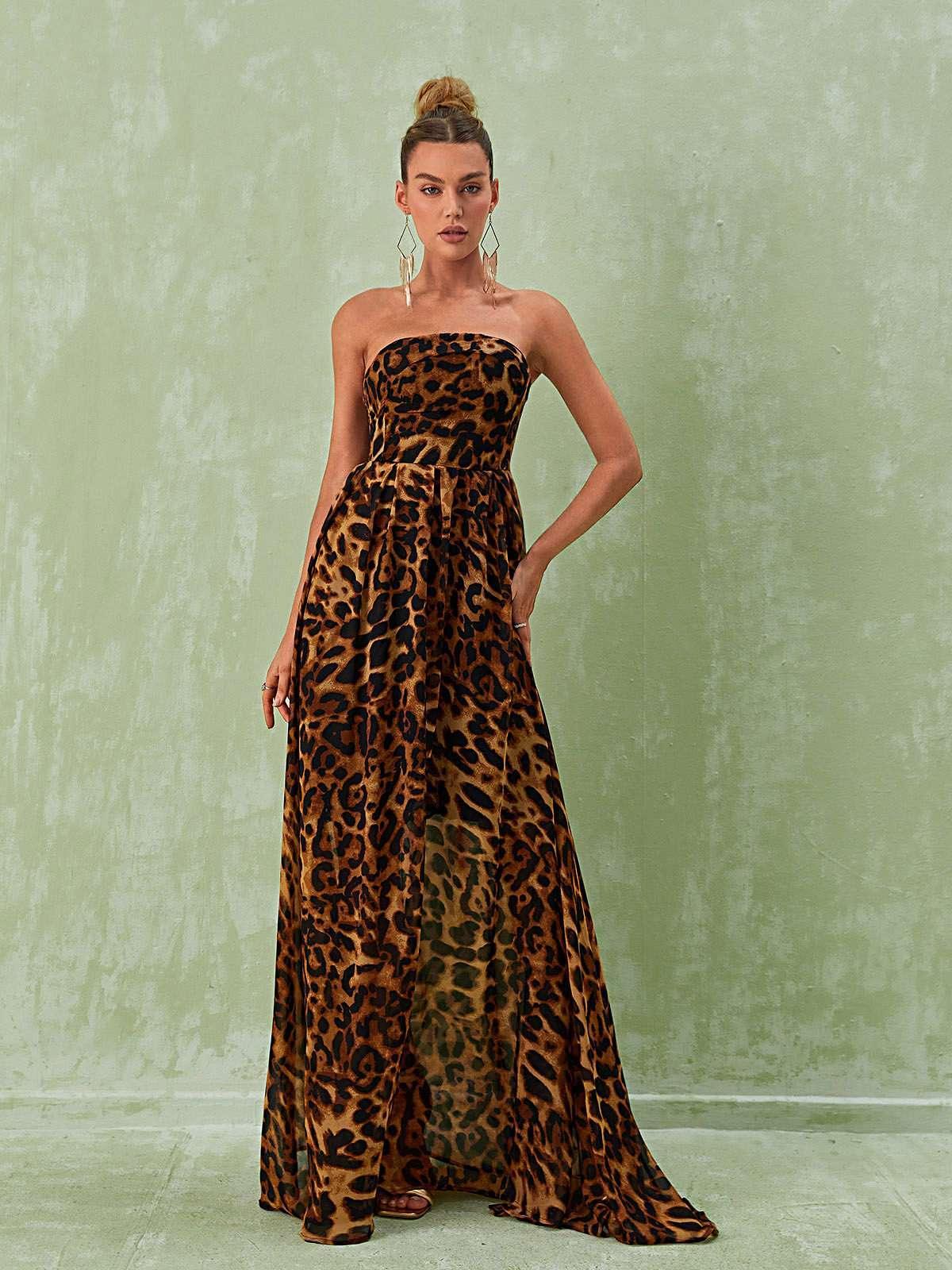 Strapless Split Leopard Printed Maxi Dress | Mix Mix Style [Hot Seller]-Mix MIx Style