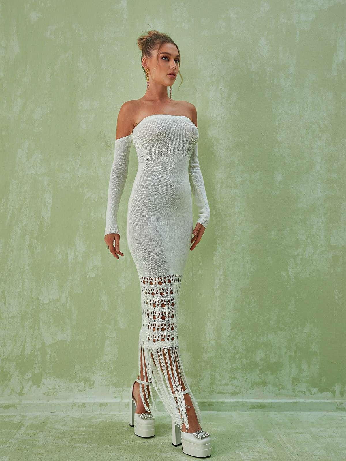 Malti Off Shoulder Fringe Maxi Dress-Mix MIx Style