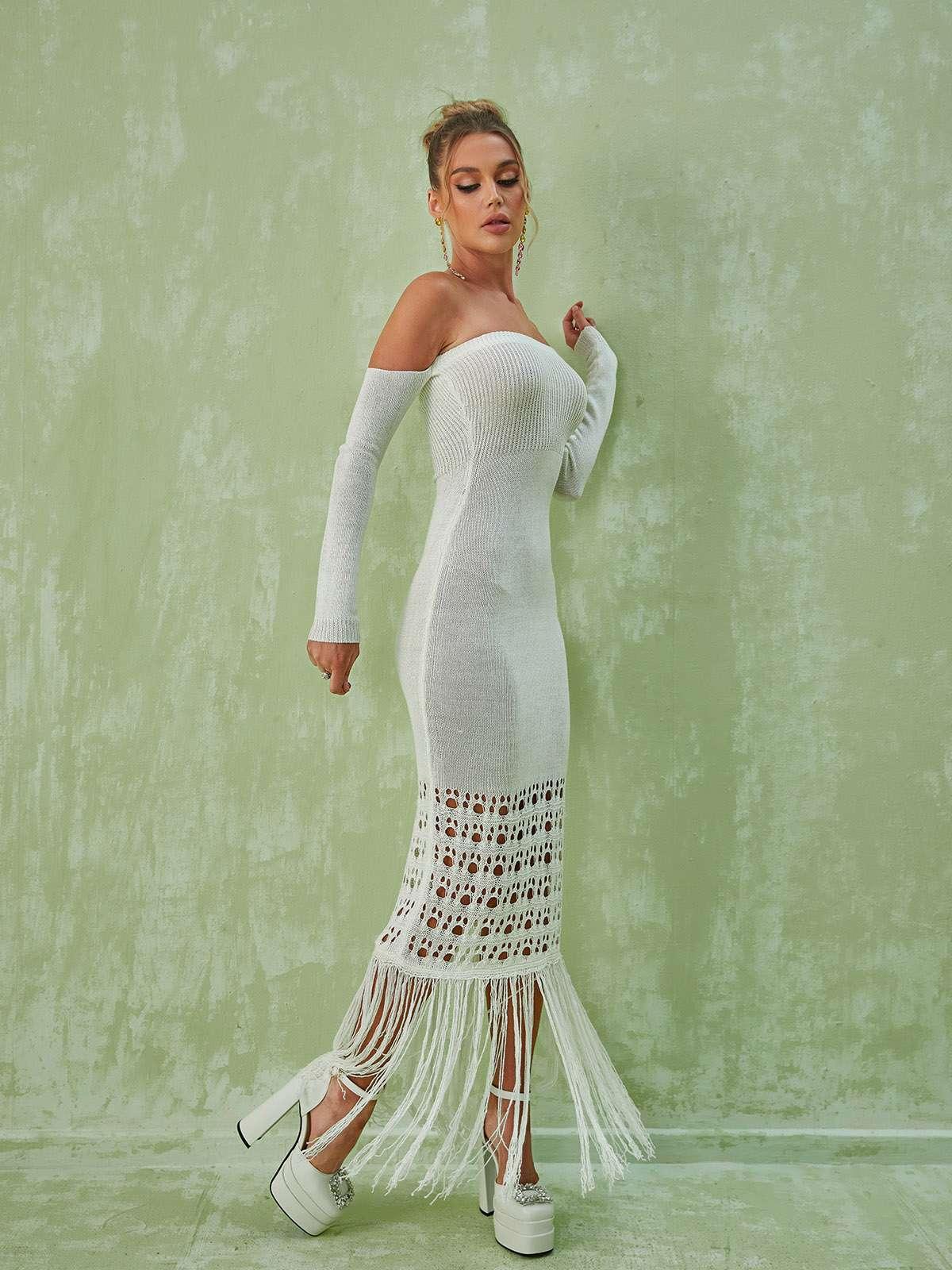 Malti Off Shoulder Fringe Maxi Dress-Mix MIx Style