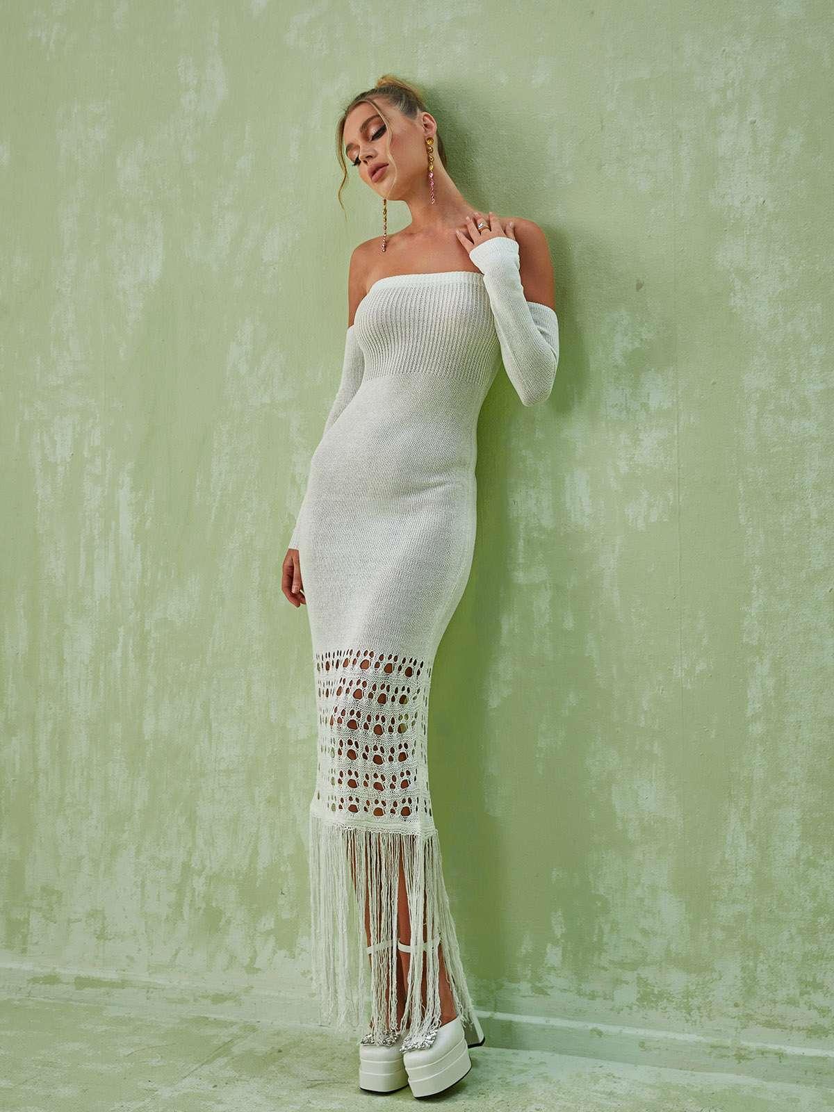 Malti Off Shoulder Fringe Maxi Dress-Mix MIx Style
