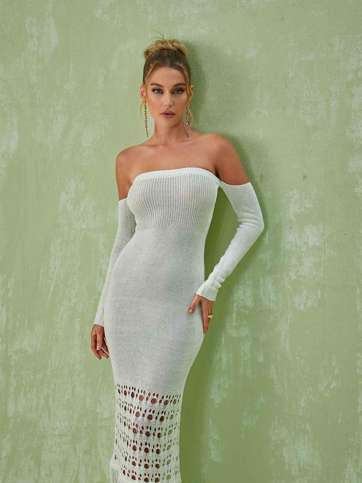 Malti Off Shoulder Fringe Maxi Dress-Mix MIx Style