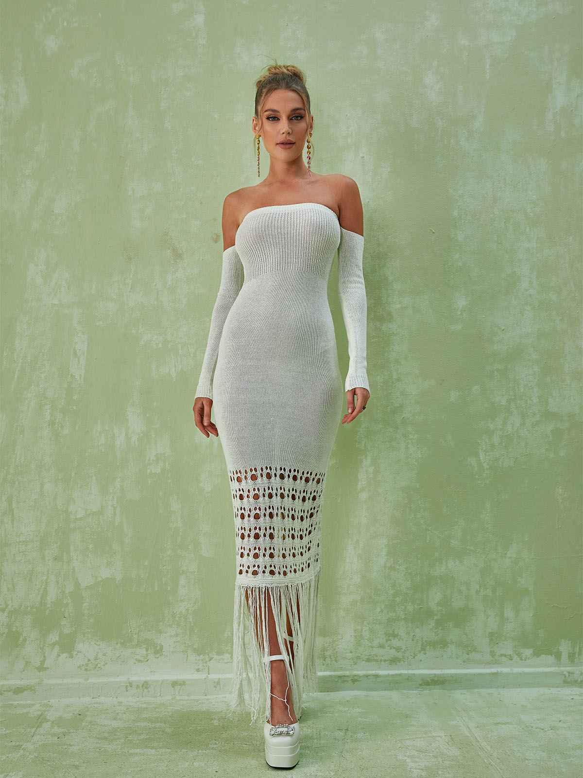 Malti Off Shoulder Fringe Maxi Dress-Mix MIx Style