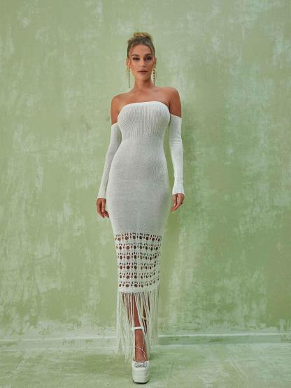 Malti Off Shoulder Fringe Maxi Dress-Mix MIx Style