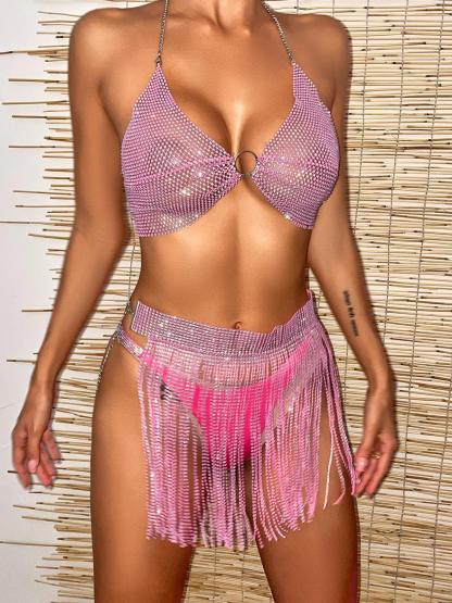 Rhinestone Mesh Fringe Two Piece Set In Pink | Mix Mix Style-Mix MIx Style
