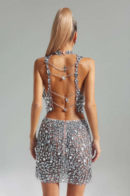 silver metallic stand dollar sleeveless full Diamond-Embellished top & mini skirt Set | Mix Mix Style