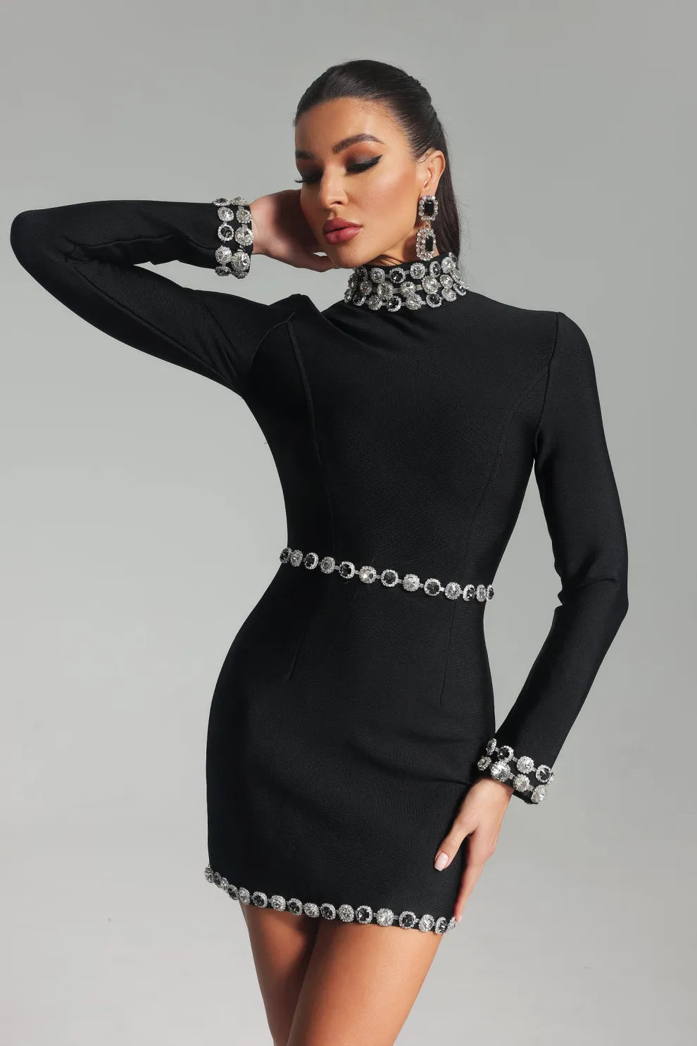 Black High collar long sleeve embellished Diamonate Bandage date mini Dress | Mix Mix Style