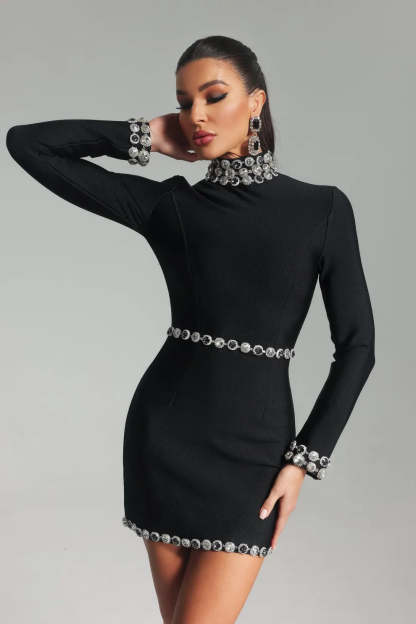 Black High collar long sleeve embellished Diamonate Bandage date mini Dress | Mix Mix Style
