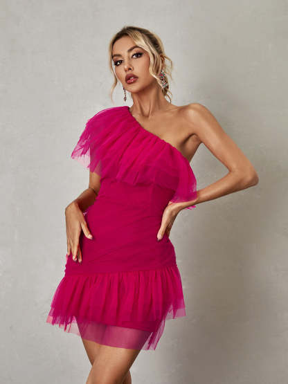 Pink One Shoulder Tulle Mini Dress | Mix Mix Style [Hot Seller]-Mix MIx Style