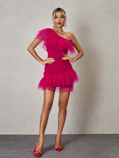 Pink One Shoulder Tulle Mini Dress | Mix Mix Style [Hot Seller]-Mix MIx Style