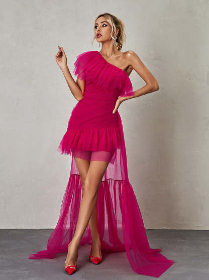 Pink One Shoulder Tulle Mini Dress | Mix Mix Style [Hot Seller]-Mix MIx Style