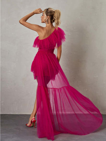 Pink One Shoulder Tulle Mini Dress | Mix Mix Style [Hot Seller]-Mix MIx Style