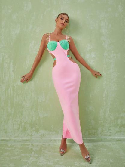 Pink Embellished Slit Cutout Maxi Dress | Mix Mix Style [Hot Seller]-Mix MIx Style