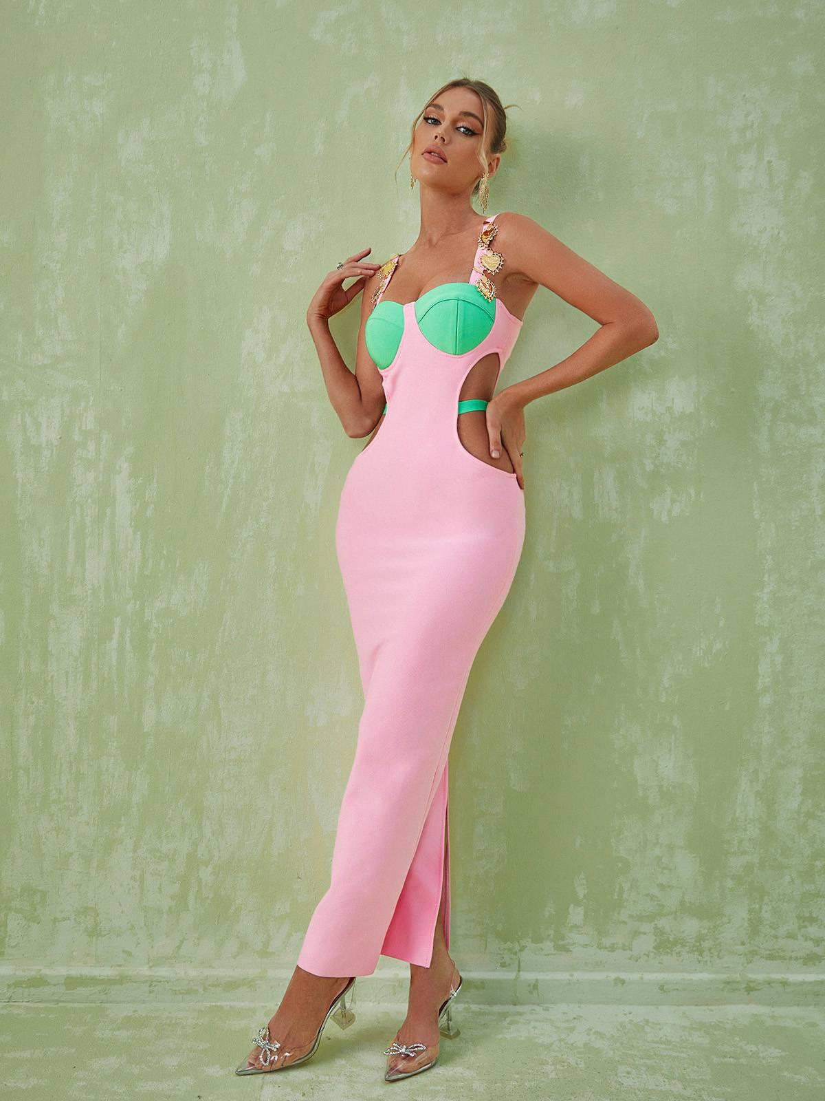 Pink Embellished Slit Cutout Maxi Dress | Mix Mix Style [Hot Seller]-Mix MIx Style