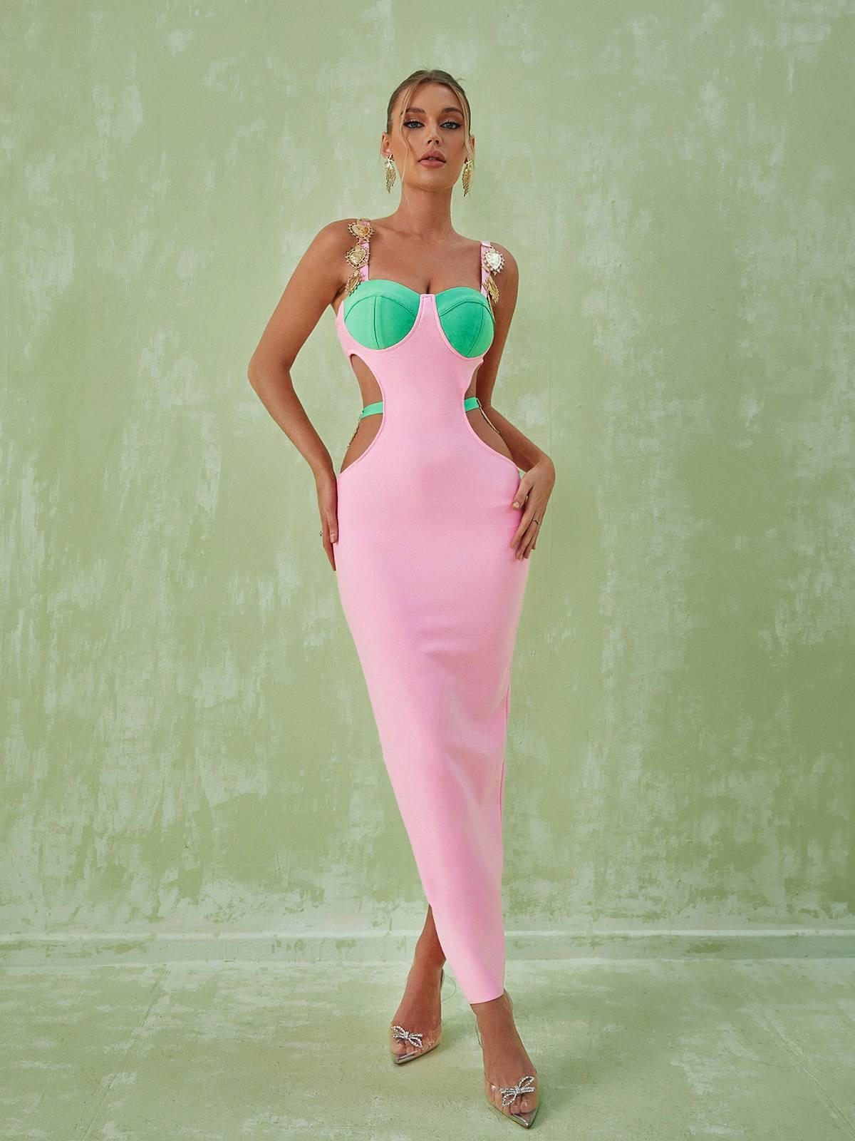 Pink Embellished Slit Cutout Maxi Dress | Mix Mix Style [Hot Seller]-Mix MIx Style