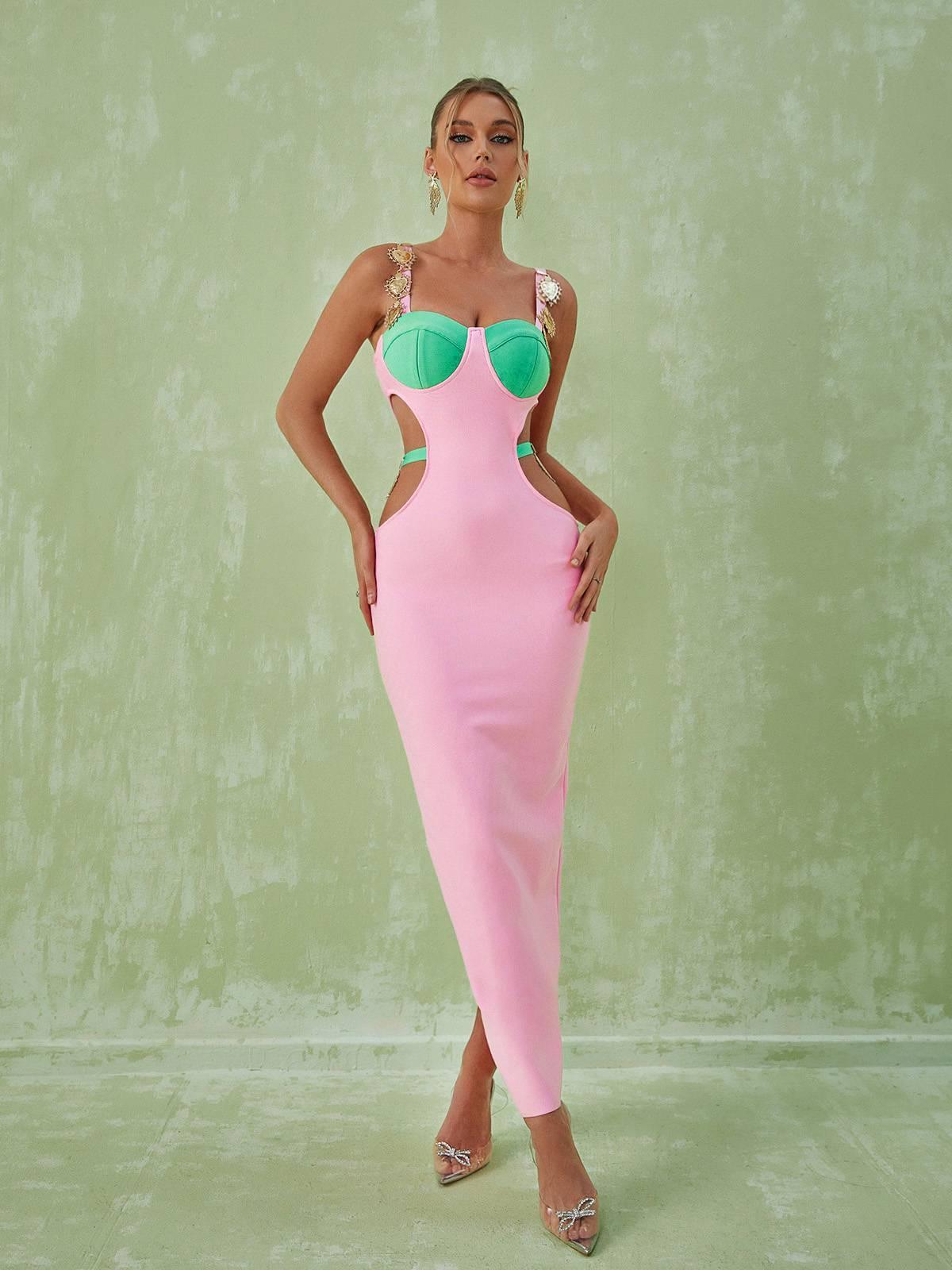 Pink Embellished Slit Cutout Maxi Dress | Mix Mix Style [Hot Seller]-Mix MIx Style