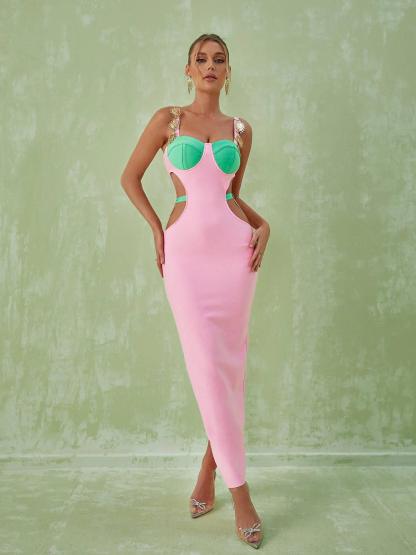 Pink Embellished Slit Cutout Maxi Dress | Mix Mix Style [Hot Seller]-Mix MIx Style