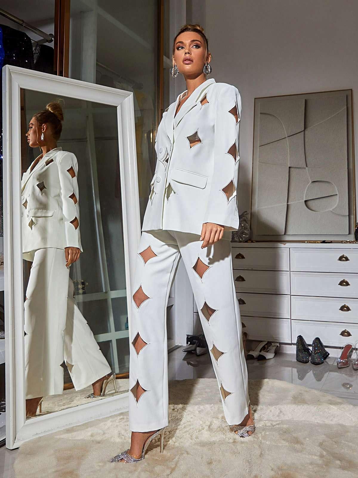 White Cutout Blazer Set | Mix Mix Style [Hot Seller]-Mix MIx Style