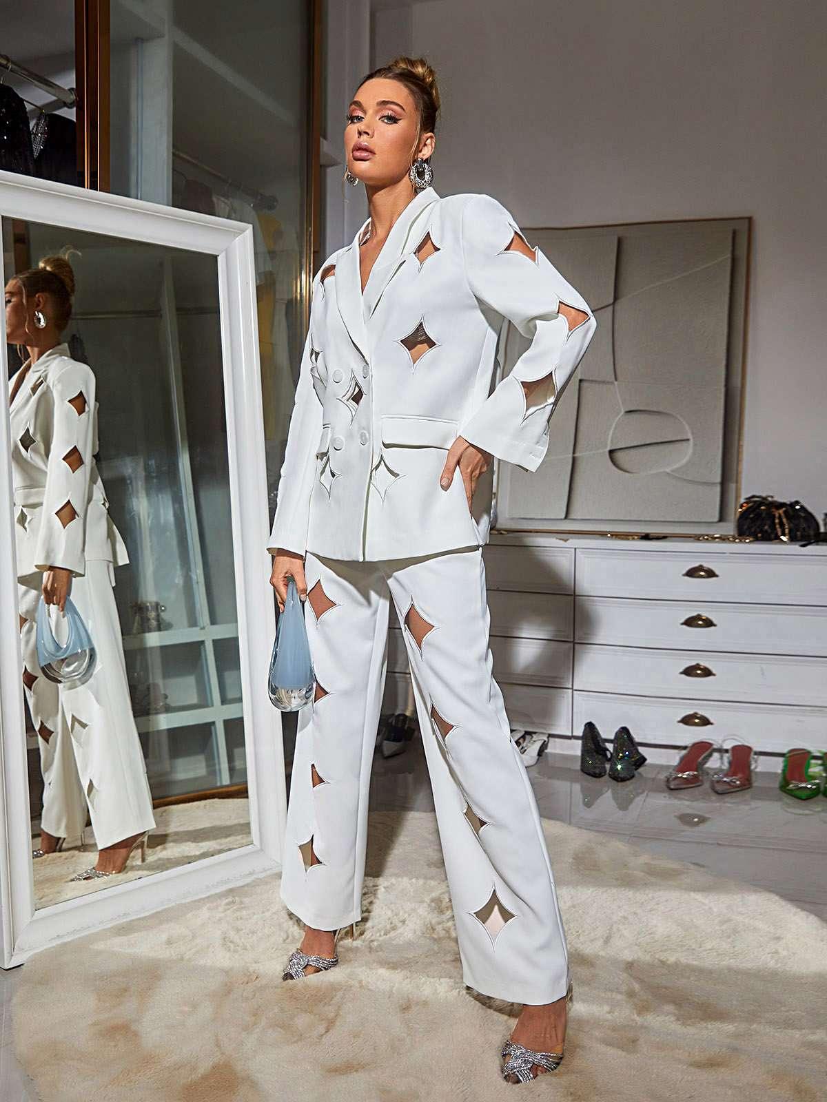 White Cutout Blazer Set | Mix Mix Style [Hot Seller]-Mix MIx Style