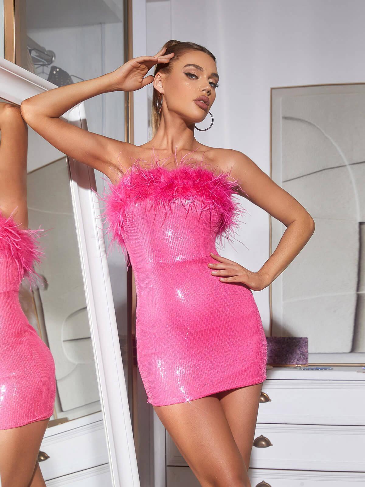 Marin Strapless Feather Sequin Mini Dress In Hot Pink-Mix MIx Style