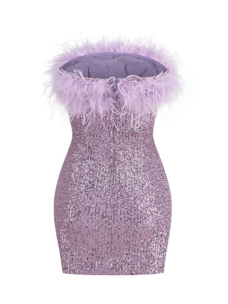 Purple Strapless Feather Sequin Mini Dress | Mix Mix Style [Hot Seller]-Mix MIx Style